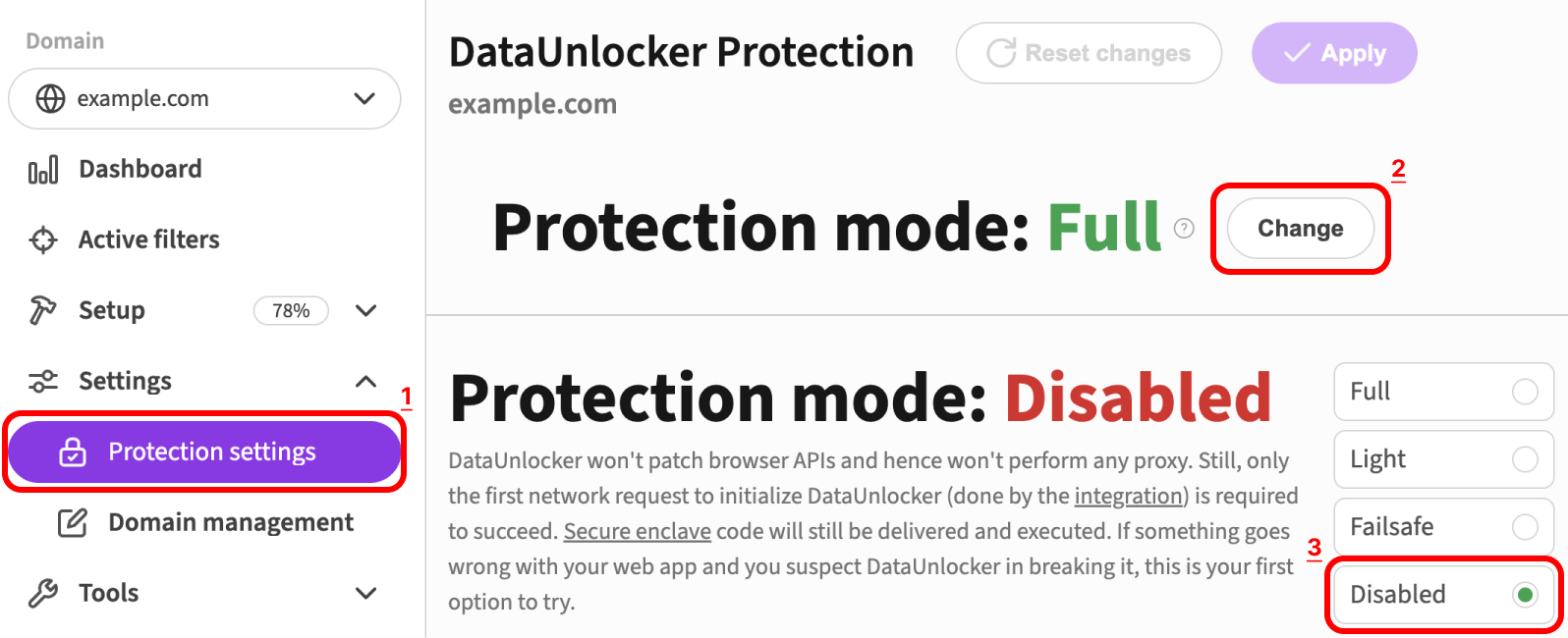How to set DataUnlocker's protection mode toggle to Disabled in DataUnlocker Admin