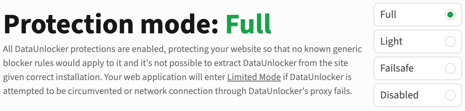 Protection modes toggle in DataUnlocker Admin